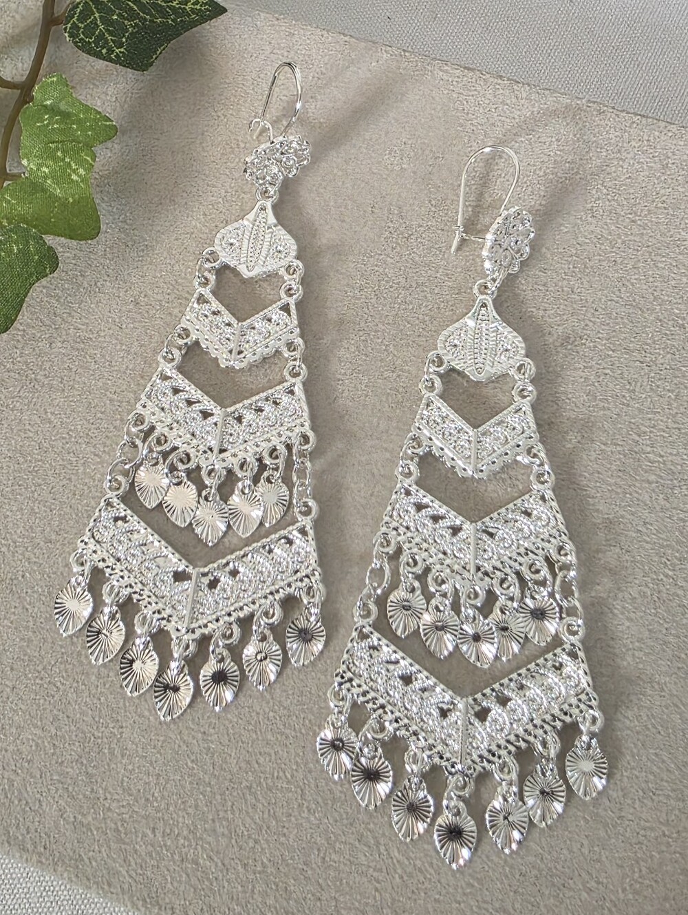 White Gold Filled Tiered Filigree Chandelier Drop Earrings Tassel Dangle